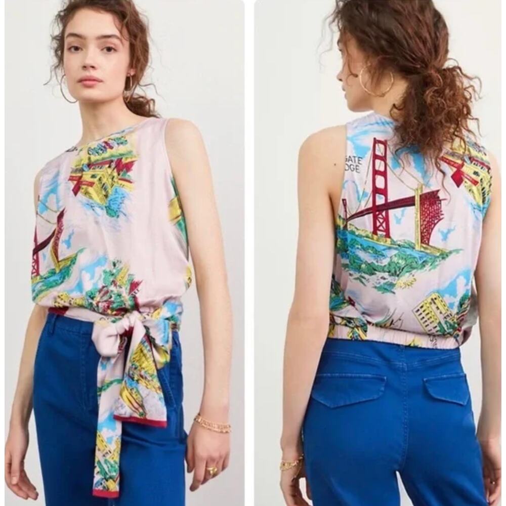 Anthropologie San Francisco Postcard Wrap Blouse Top Colorful California XL
